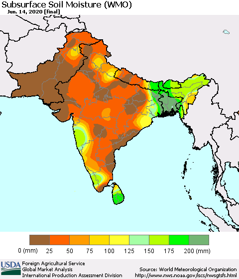 Southern Asia Subsurface Soil Moisture (WMO) Thematic Map For 6/8/2020 - 6/14/2020