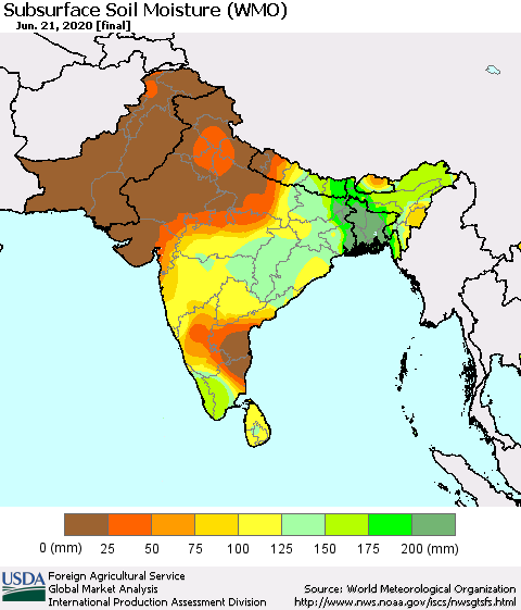 Southern Asia Subsurface Soil Moisture (WMO) Thematic Map For 6/15/2020 - 6/21/2020