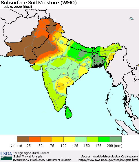 Southern Asia Subsurface Soil Moisture (WMO) Thematic Map For 6/29/2020 - 7/5/2020