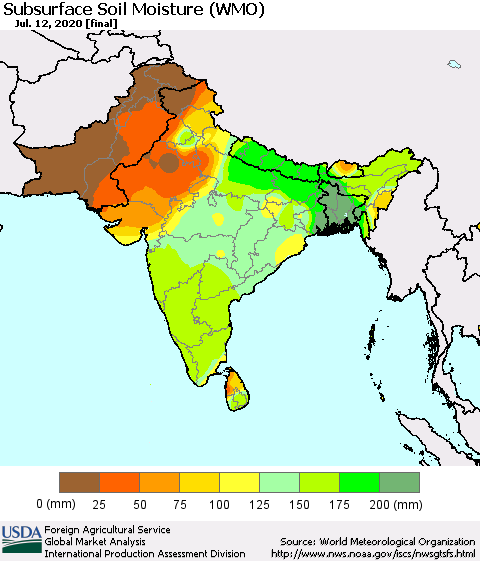 Southern Asia Subsurface Soil Moisture (WMO) Thematic Map For 7/6/2020 - 7/12/2020