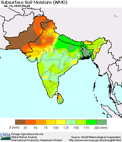Southern Asia Subsurface Soil Moisture (WMO) Thematic Map For 7/13/2020 - 7/19/2020