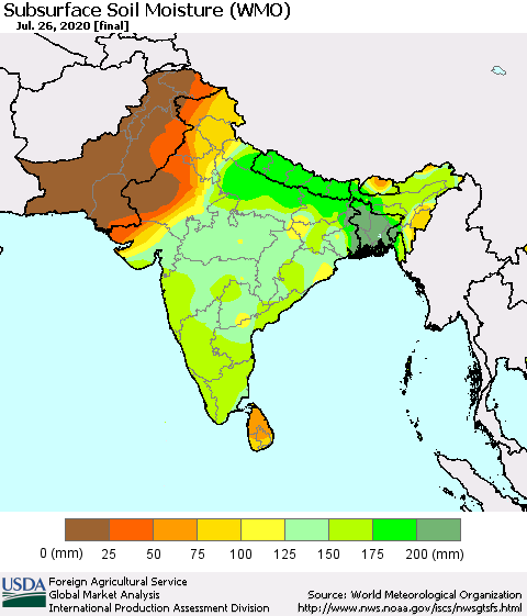 Southern Asia Subsurface Soil Moisture (WMO) Thematic Map For 7/20/2020 - 7/26/2020