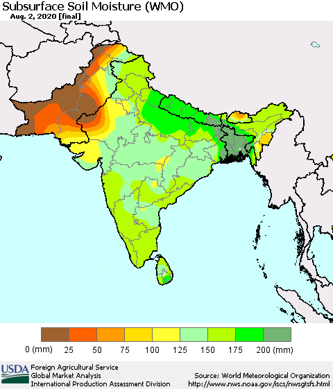 Southern Asia Subsurface Soil Moisture (WMO) Thematic Map For 7/27/2020 - 8/2/2020
