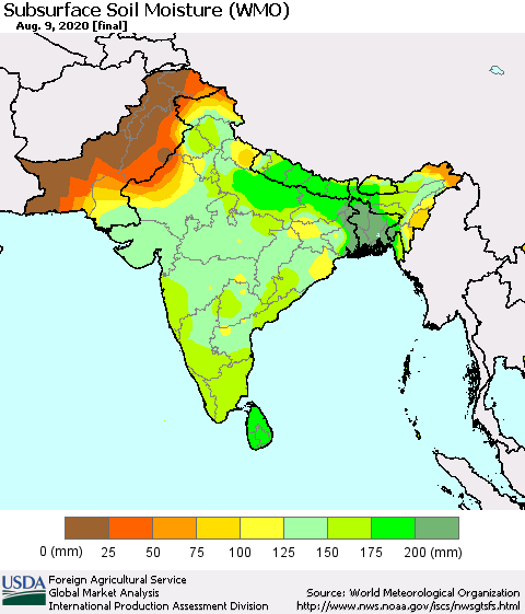 Southern Asia Subsurface Soil Moisture (WMO) Thematic Map For 8/3/2020 - 8/9/2020