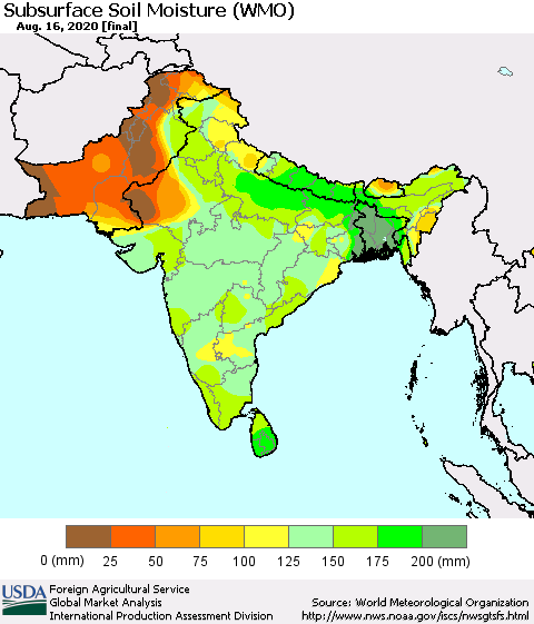 Southern Asia Subsurface Soil Moisture (WMO) Thematic Map For 8/10/2020 - 8/16/2020