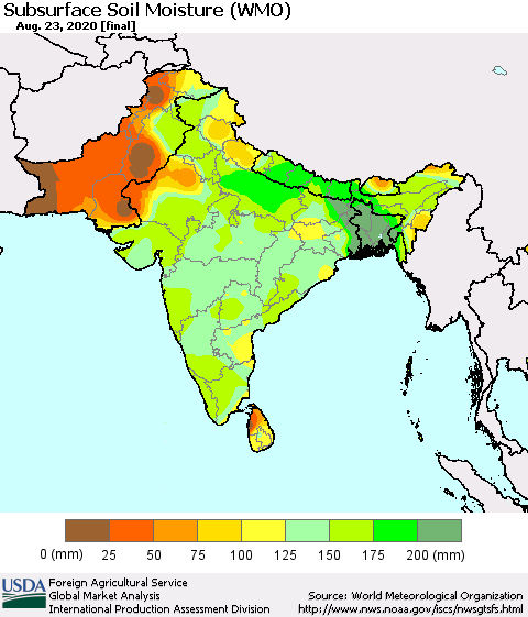 Southern Asia Subsurface Soil Moisture (WMO) Thematic Map For 8/17/2020 - 8/23/2020