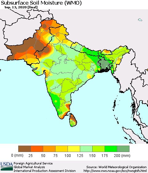 Southern Asia Subsurface Soil Moisture (WMO) Thematic Map For 9/7/2020 - 9/13/2020