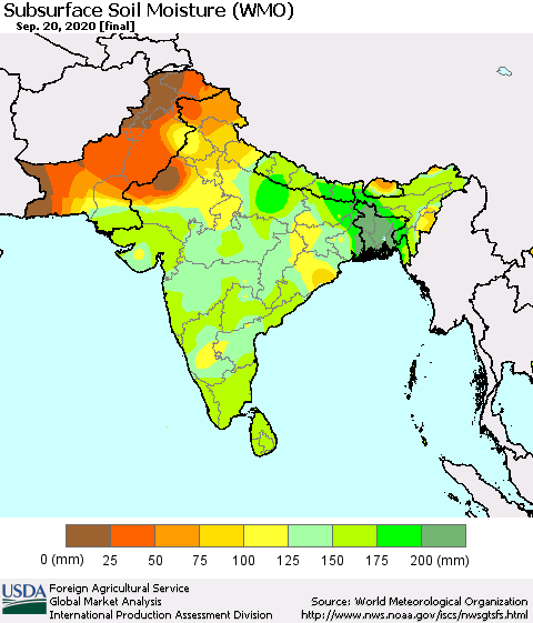 Southern Asia Subsurface Soil Moisture (WMO) Thematic Map For 9/14/2020 - 9/20/2020