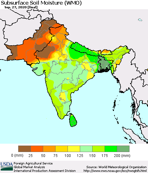 Southern Asia Subsurface Soil Moisture (WMO) Thematic Map For 9/21/2020 - 9/27/2020