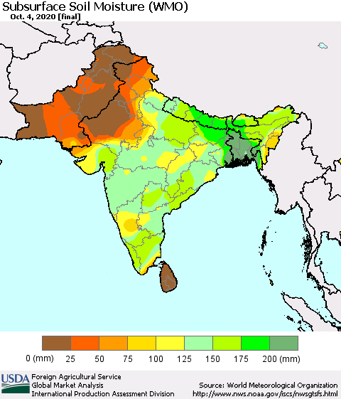 Southern Asia Subsurface Soil Moisture (WMO) Thematic Map For 9/28/2020 - 10/4/2020