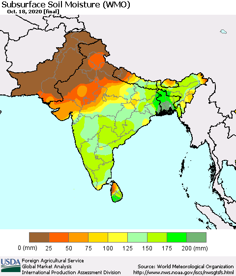 Southern Asia Subsurface Soil Moisture (WMO) Thematic Map For 10/12/2020 - 10/18/2020