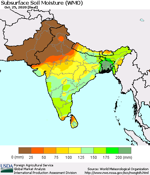 Southern Asia Subsurface Soil Moisture (WMO) Thematic Map For 10/19/2020 - 10/25/2020