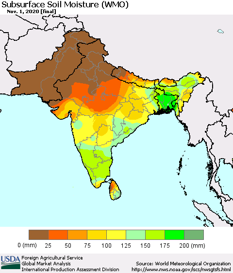 Southern Asia Subsurface Soil Moisture (WMO) Thematic Map For 10/26/2020 - 11/1/2020