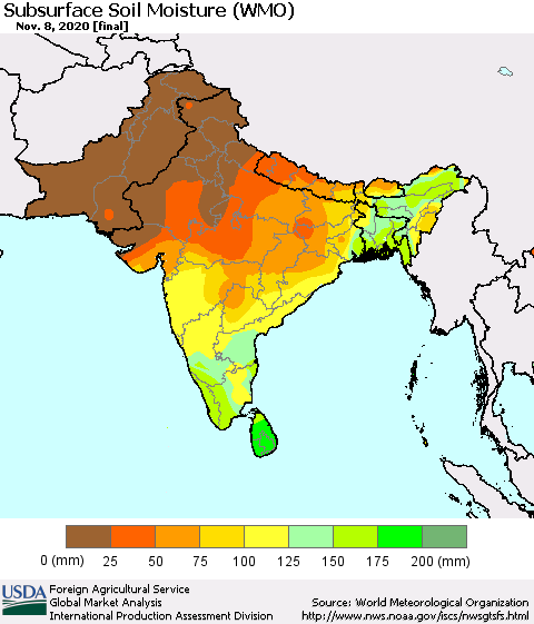 Southern Asia Subsurface Soil Moisture (WMO) Thematic Map For 11/2/2020 - 11/8/2020