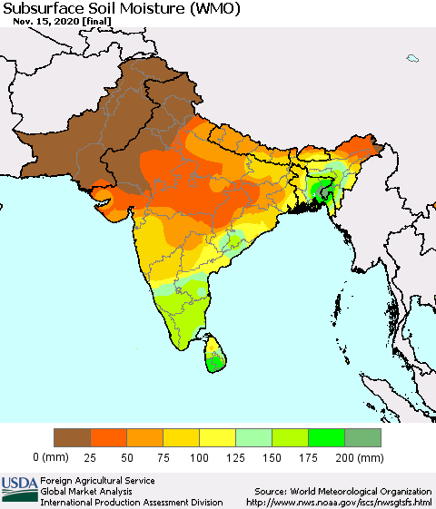 Southern Asia Subsurface Soil Moisture (WMO) Thematic Map For 11/9/2020 - 11/15/2020
