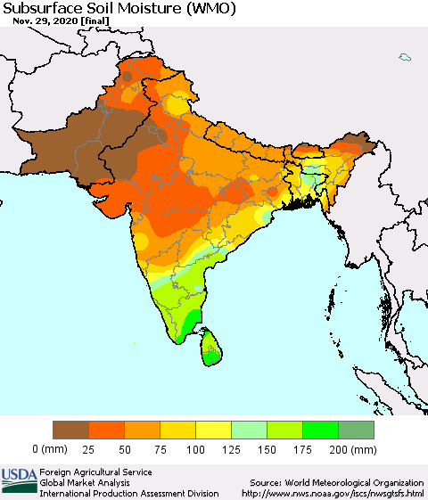 Southern Asia Subsurface Soil Moisture (WMO) Thematic Map For 11/23/2020 - 11/29/2020