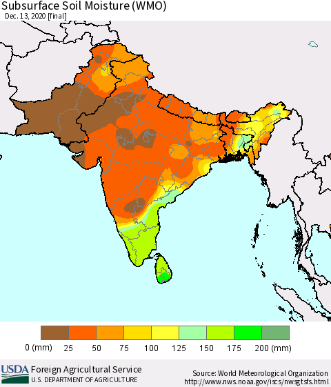 Southern Asia Subsurface Soil Moisture (WMO) Thematic Map For 12/7/2020 - 12/13/2020