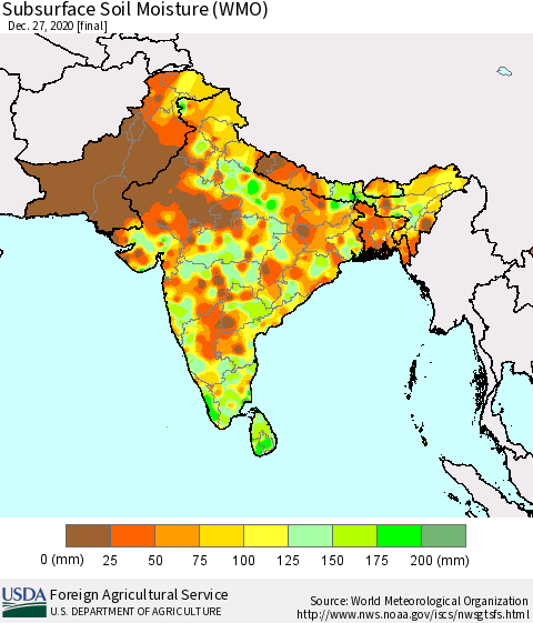 Southern Asia Subsurface Soil Moisture (WMO) Thematic Map For 12/21/2020 - 12/27/2020