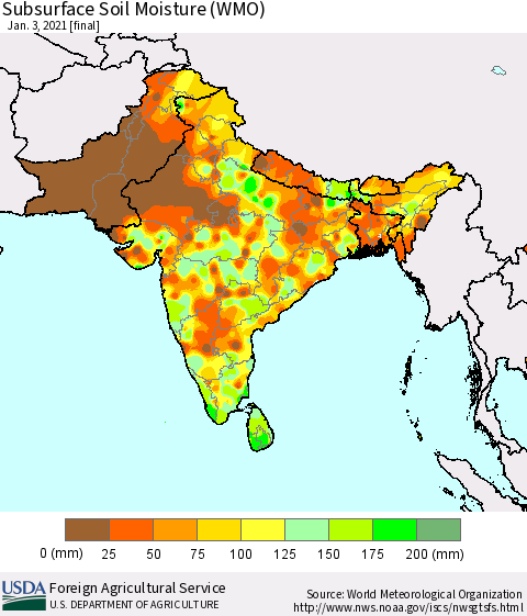 Southern Asia Subsurface Soil Moisture (WMO) Thematic Map For 12/28/2020 - 1/3/2021