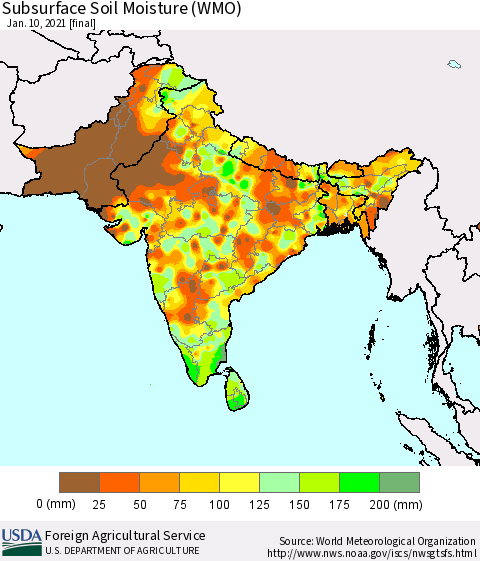 Southern Asia Subsurface Soil Moisture (WMO) Thematic Map For 1/4/2021 - 1/10/2021