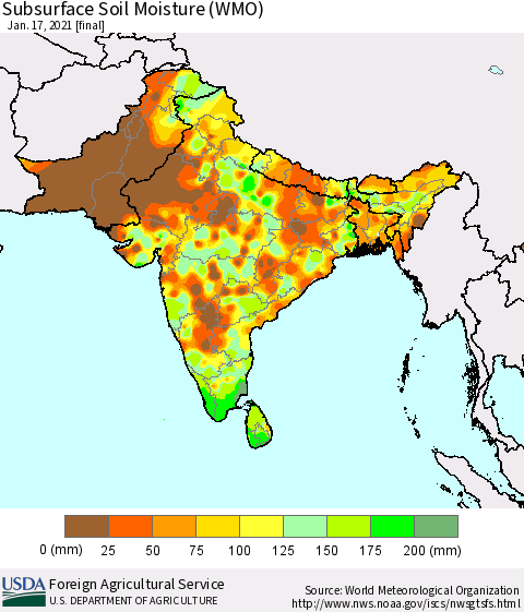 Southern Asia Subsurface Soil Moisture (WMO) Thematic Map For 1/11/2021 - 1/17/2021