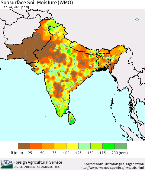 Southern Asia Subsurface Soil Moisture (WMO) Thematic Map For 1/18/2021 - 1/24/2021