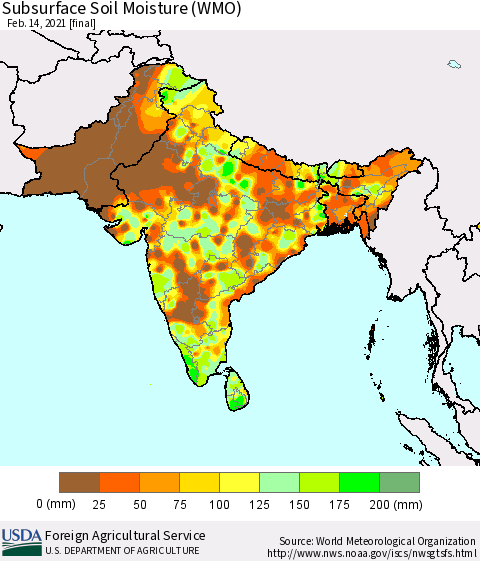 Southern Asia Subsurface Soil Moisture (WMO) Thematic Map For 2/8/2021 - 2/14/2021
