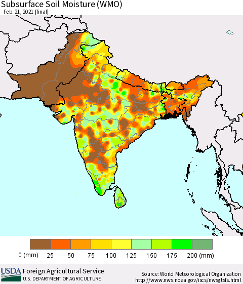 Southern Asia Subsurface Soil Moisture (WMO) Thematic Map For 2/15/2021 - 2/21/2021