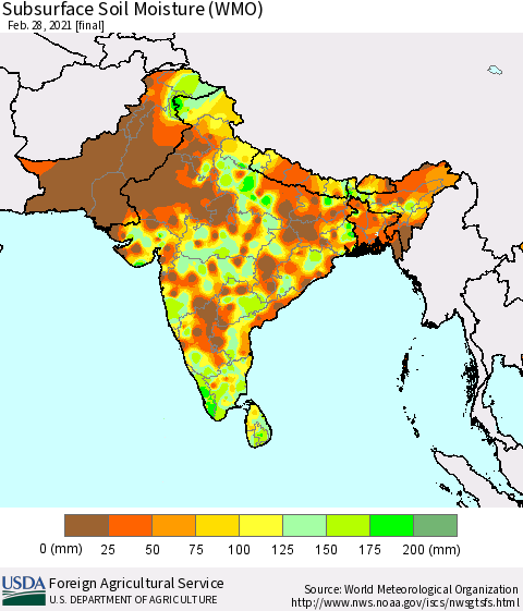 Southern Asia Subsurface Soil Moisture (WMO) Thematic Map For 2/22/2021 - 2/28/2021