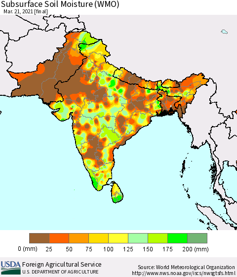 Southern Asia Subsurface Soil Moisture (WMO) Thematic Map For 3/15/2021 - 3/21/2021