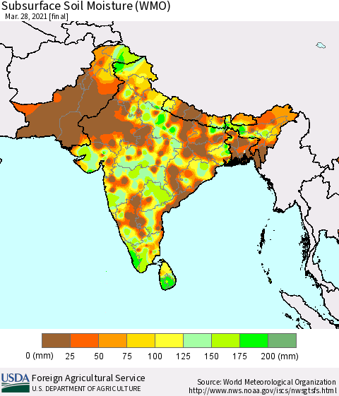 Southern Asia Subsurface Soil Moisture (WMO) Thematic Map For 3/22/2021 - 3/28/2021