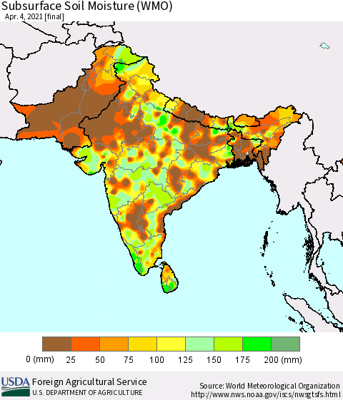 Southern Asia Subsurface Soil Moisture (WMO) Thematic Map For 3/29/2021 - 4/4/2021