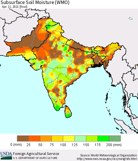 Southern Asia Subsurface Soil Moisture (WMO) Thematic Map For 4/5/2021 - 4/11/2021