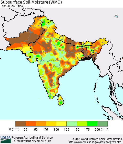 Southern Asia Subsurface Soil Moisture (WMO) Thematic Map For 4/12/2021 - 4/18/2021
