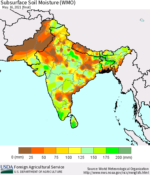 Southern Asia Subsurface Soil Moisture (WMO) Thematic Map For 5/10/2021 - 5/16/2021