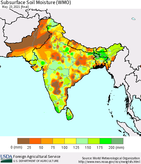 Southern Asia Subsurface Soil Moisture (WMO) Thematic Map For 5/17/2021 - 5/23/2021