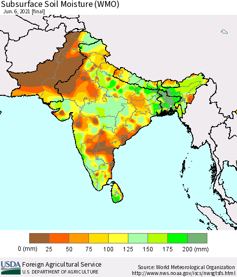Southern Asia Subsurface Soil Moisture (WMO) Thematic Map For 5/31/2021 - 6/6/2021