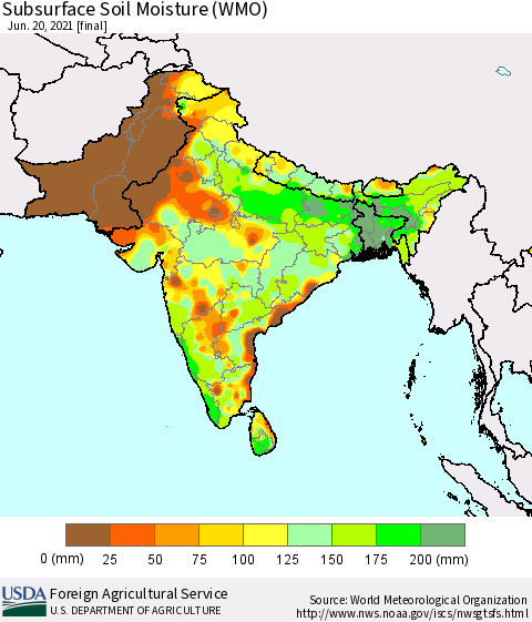 Southern Asia Subsurface Soil Moisture (WMO) Thematic Map For 6/14/2021 - 6/20/2021