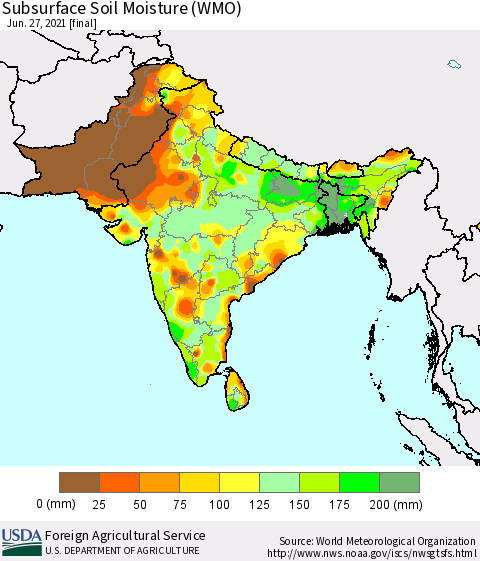 Southern Asia Subsurface Soil Moisture (WMO) Thematic Map For 6/21/2021 - 6/27/2021