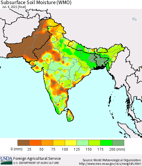 Southern Asia Subsurface Soil Moisture (WMO) Thematic Map For 6/28/2021 - 7/4/2021