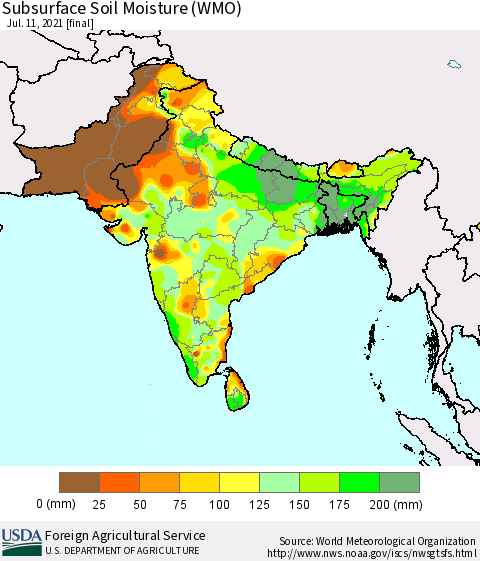 Southern Asia Subsurface Soil Moisture (WMO) Thematic Map For 7/5/2021 - 7/11/2021