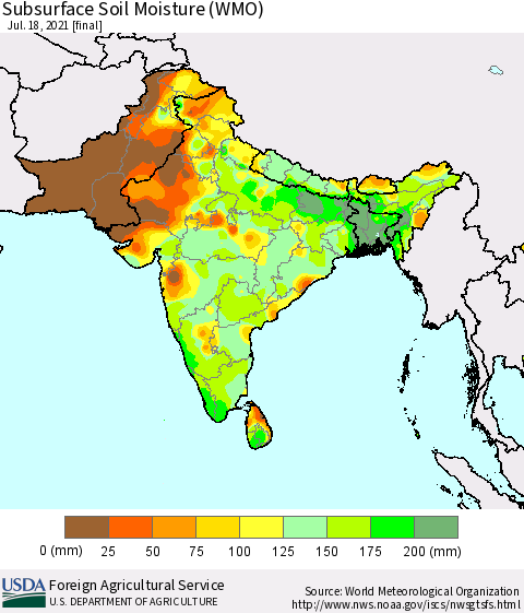 Southern Asia Subsurface Soil Moisture (WMO) Thematic Map For 7/12/2021 - 7/18/2021
