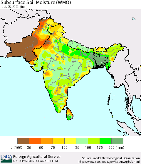 Southern Asia Subsurface Soil Moisture (WMO) Thematic Map For 7/19/2021 - 7/25/2021