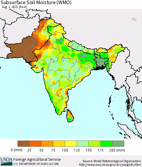 Southern Asia Subsurface Soil Moisture (WMO) Thematic Map For 7/26/2021 - 8/1/2021