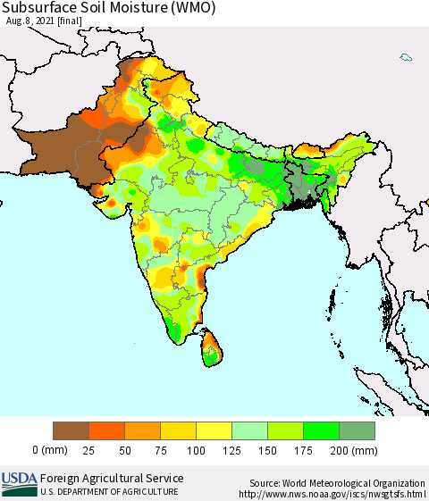 Southern Asia Subsurface Soil Moisture (WMO) Thematic Map For 8/2/2021 - 8/8/2021