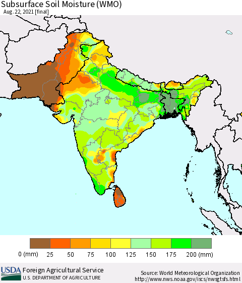 Southern Asia Subsurface Soil Moisture (WMO) Thematic Map For 8/16/2021 - 8/22/2021