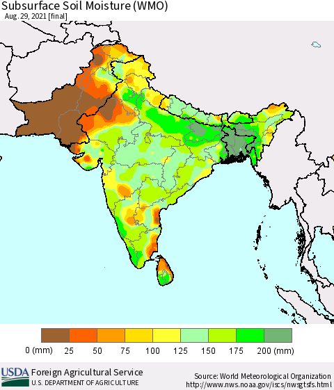 Southern Asia Subsurface Soil Moisture (WMO) Thematic Map For 8/23/2021 - 8/29/2021