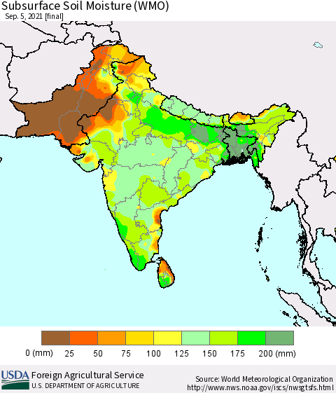 Southern Asia Subsurface Soil Moisture (WMO) Thematic Map For 8/30/2021 - 9/5/2021