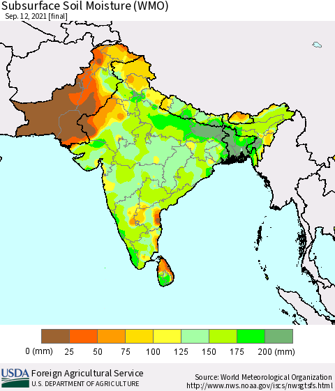 Southern Asia Subsurface Soil Moisture (WMO) Thematic Map For 9/6/2021 - 9/12/2021