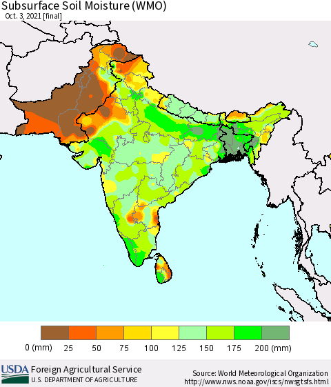 Southern Asia Subsurface Soil Moisture (WMO) Thematic Map For 9/27/2021 - 10/3/2021